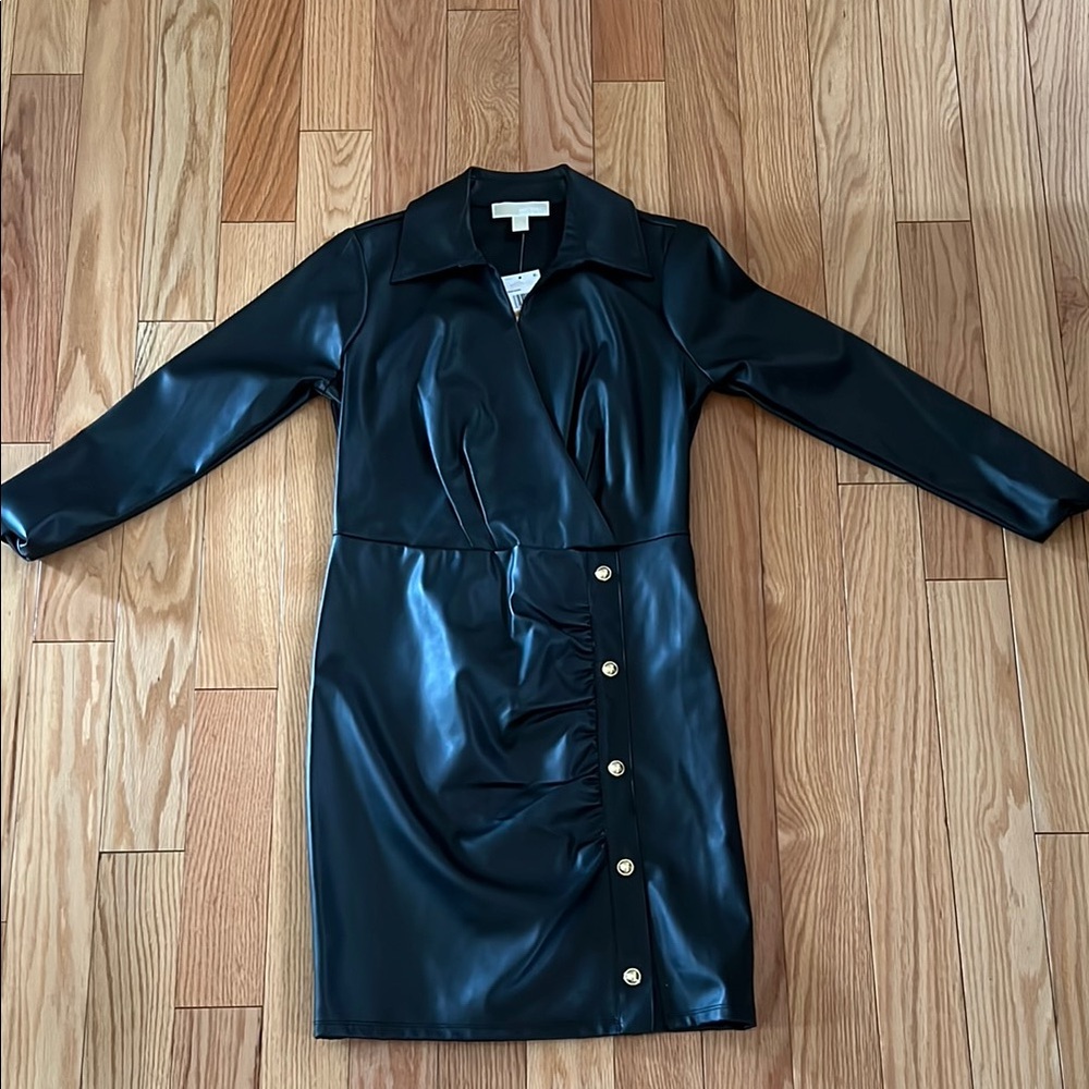 Black Faux Leather Button-Down Dress